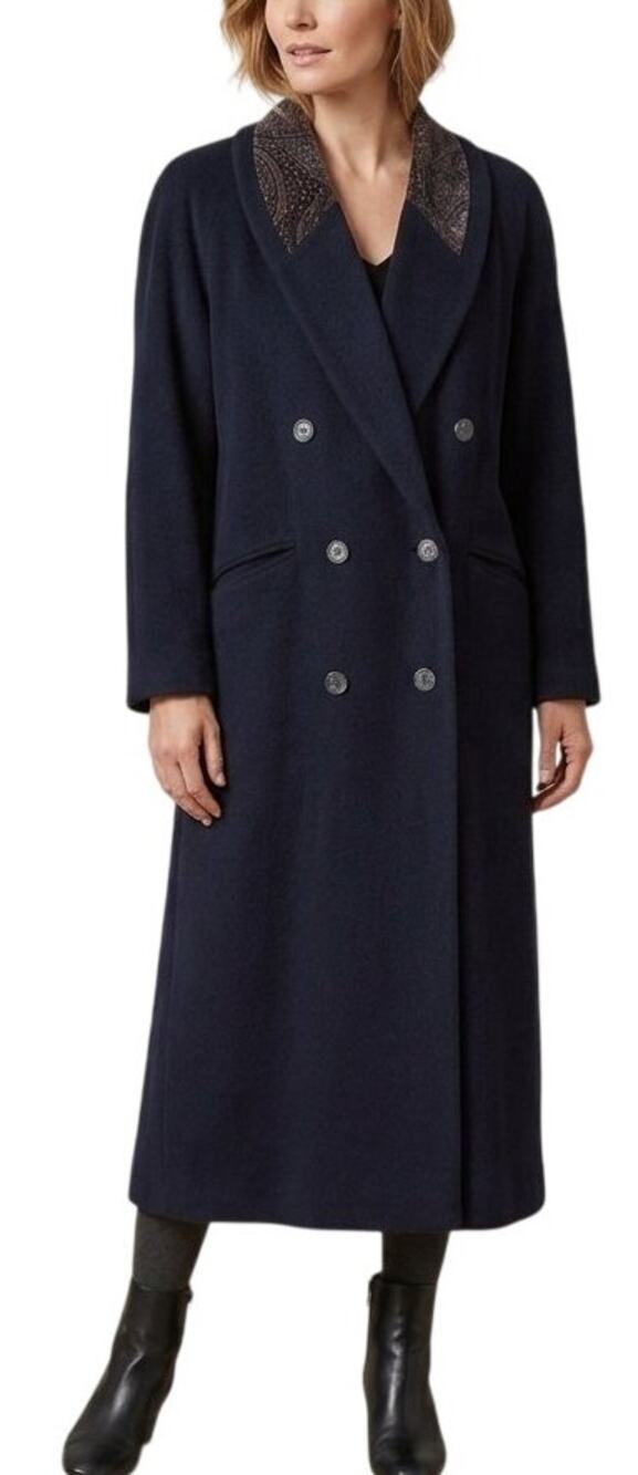 VTG 80s DONNYBROOK Double Breasted Black Wool Trench Coat Paisley Collar SZ 12